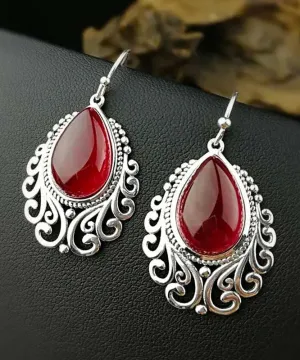Sterling Silver Hollow Out Jade Water Drop Drop Earrings