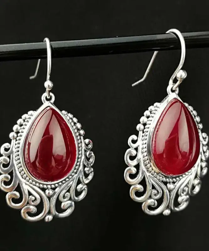 Sterling Silver Hollow Out Jade Water Drop Drop Earrings