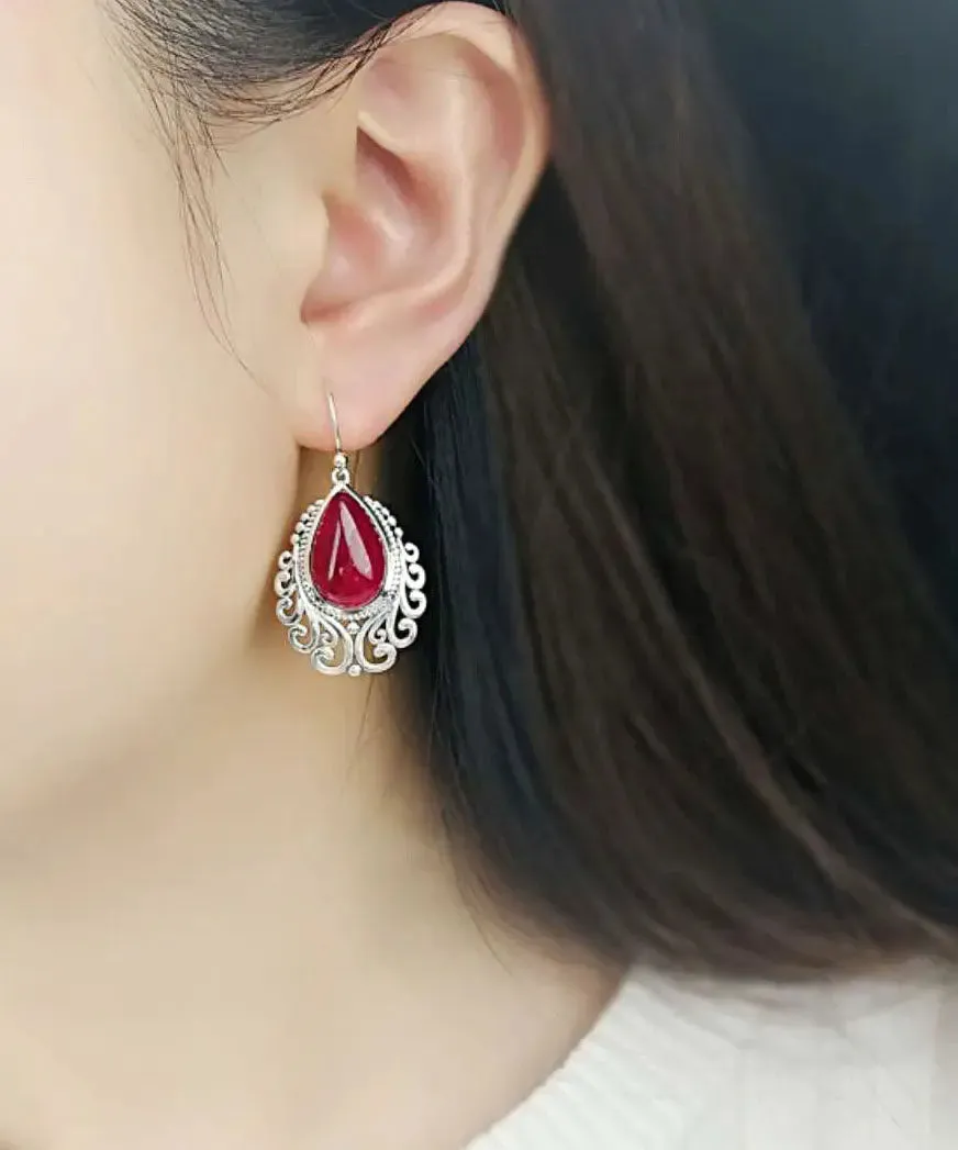 Sterling Silver Hollow Out Jade Water Drop Drop Earrings