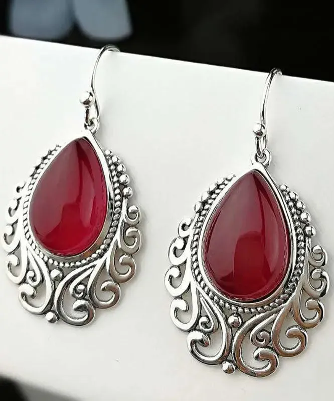 Sterling Silver Hollow Out Jade Water Drop Drop Earrings