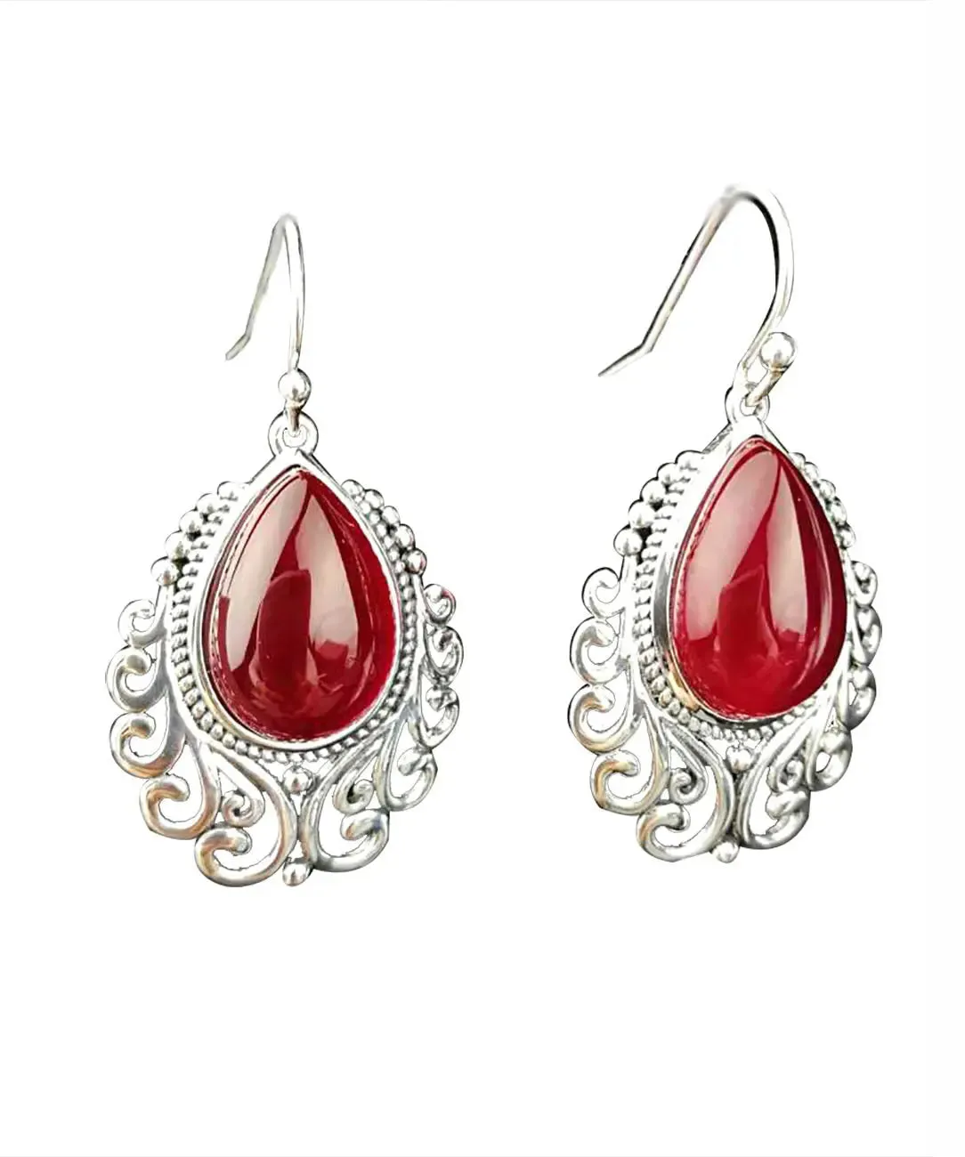 Sterling Silver Hollow Out Jade Water Drop Drop Earrings