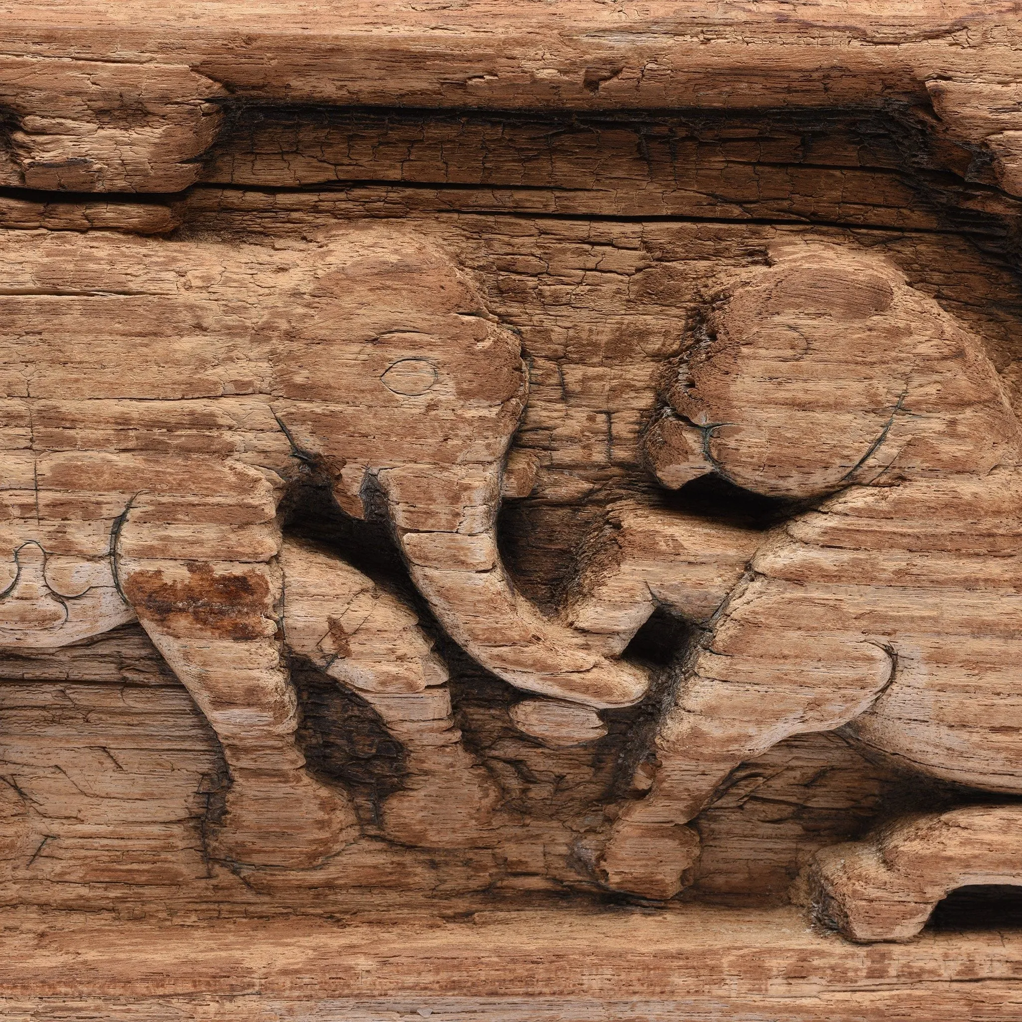 Teak Elephant & Lion Panel From Himachal Pradesh - 18thC
