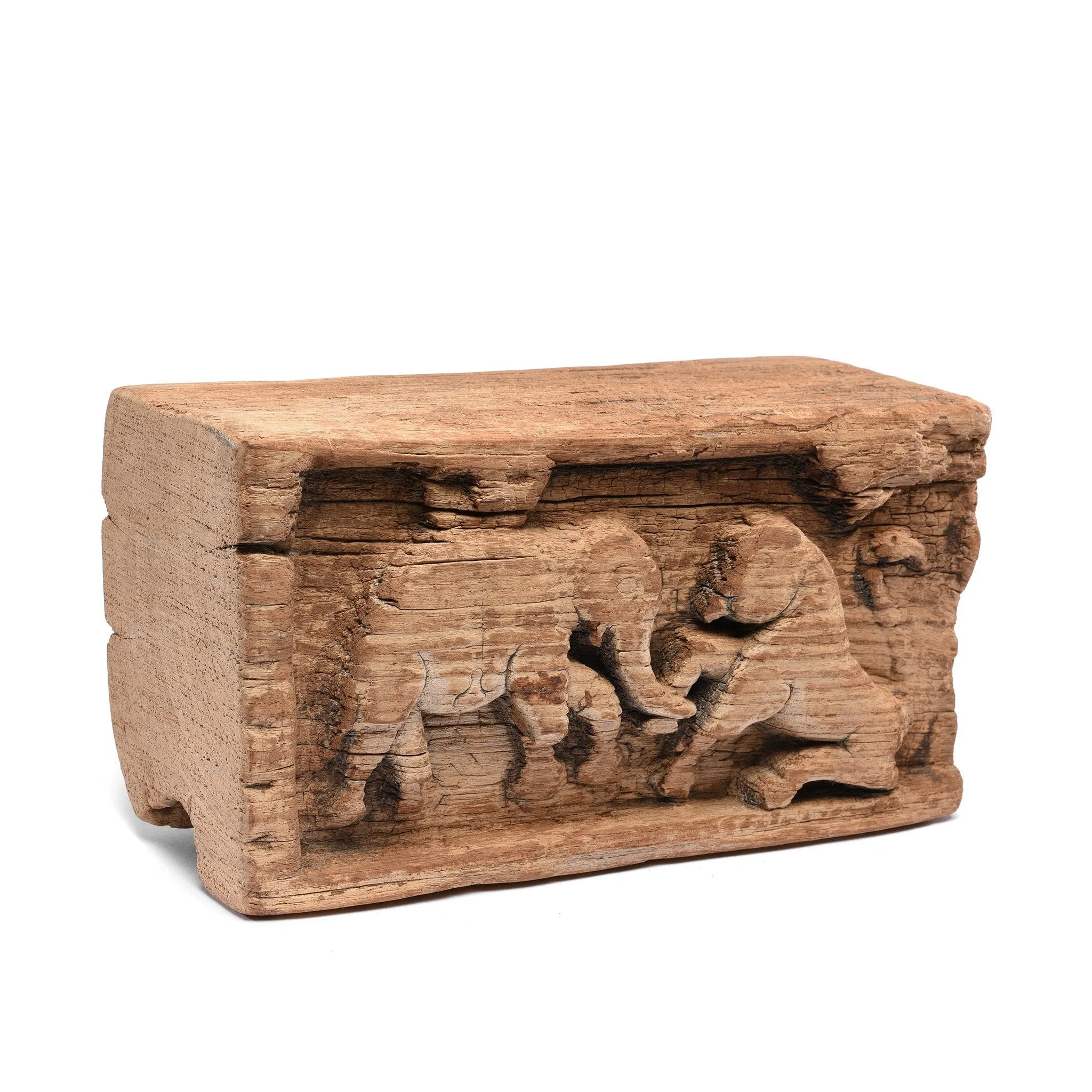Teak Elephant & Lion Panel From Himachal Pradesh - 18thC