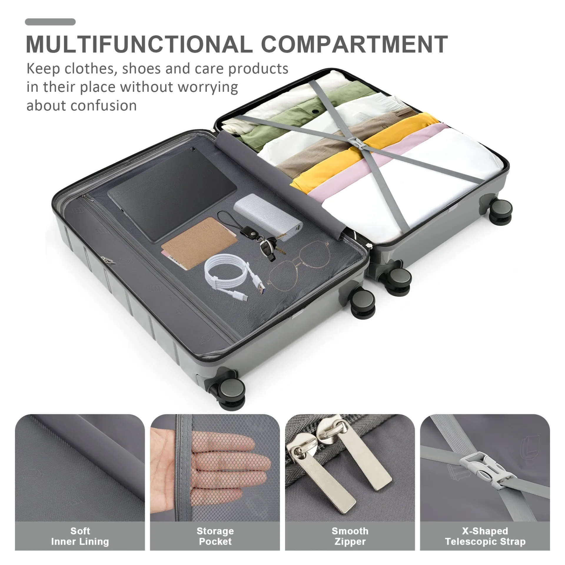 Ultimate 5-Piece Travel Companion Set: Expandable Duffel & Foldable Backpack in Sleek Grey with 360° Spinner Wheels & TSA Lock