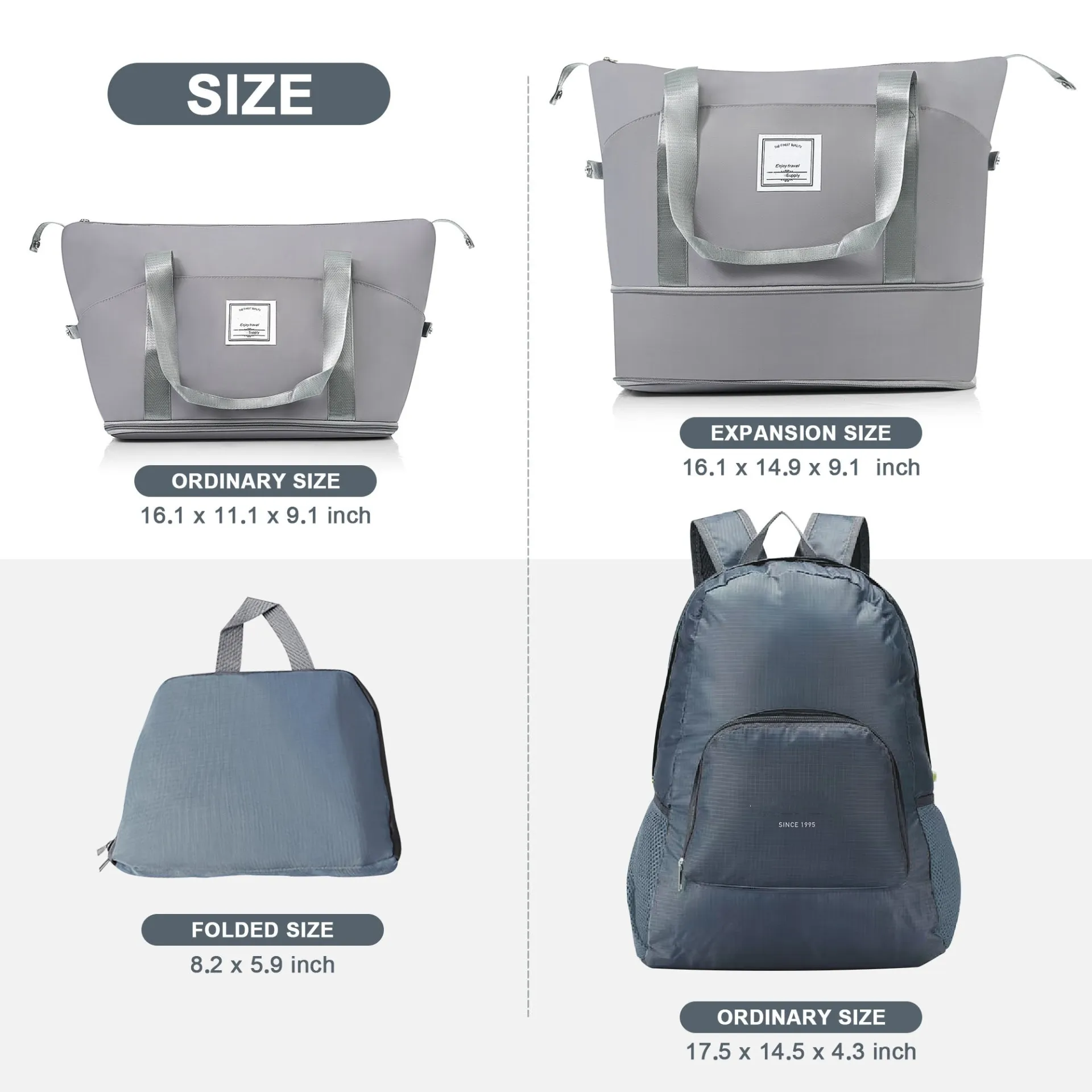 Ultimate 5-Piece Travel Companion Set: Expandable Duffel & Foldable Backpack in Sleek Grey with 360° Spinner Wheels & TSA Lock