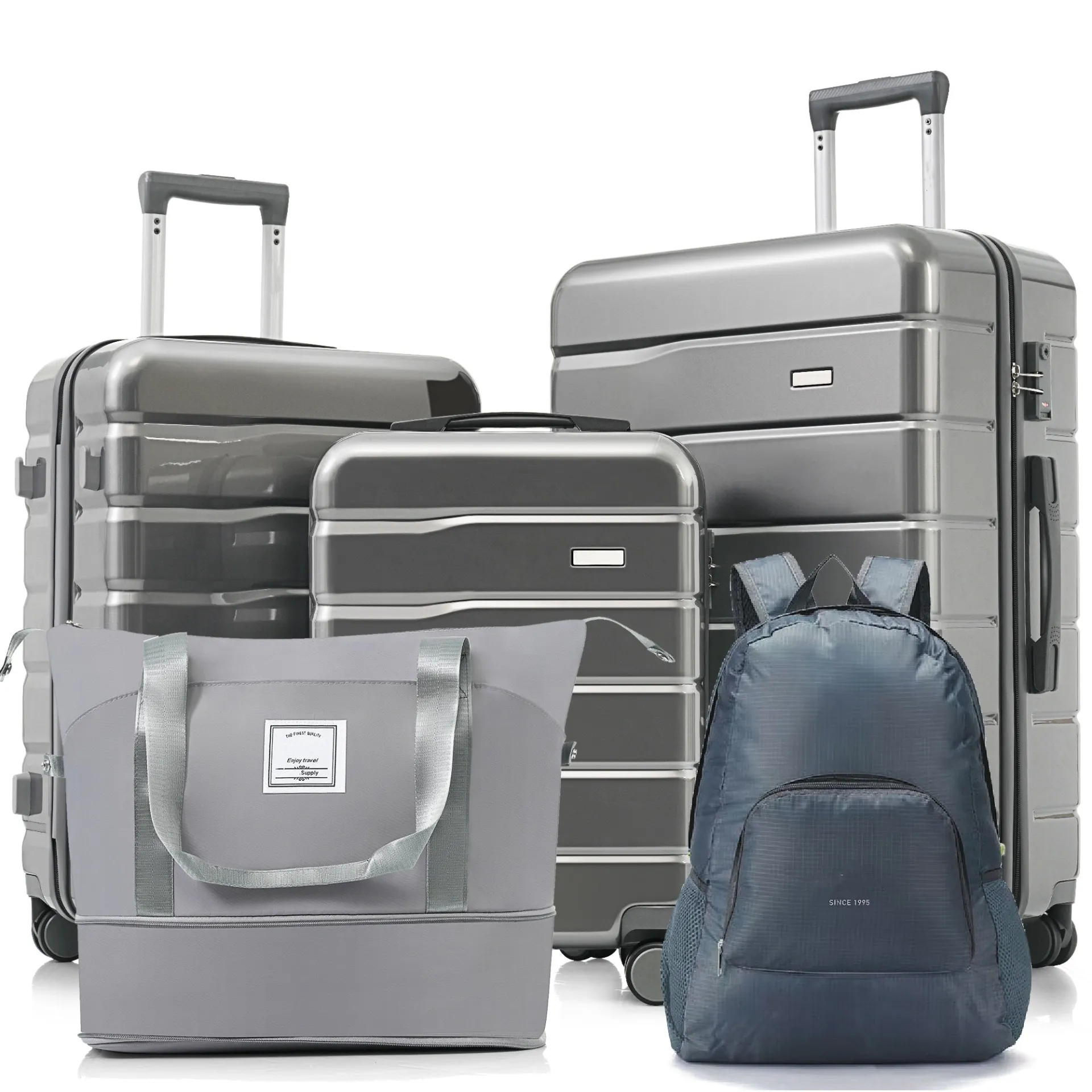 Ultimate 5-Piece Travel Companion Set: Expandable Duffel & Foldable Backpack in Sleek Grey with 360° Spinner Wheels & TSA Lock