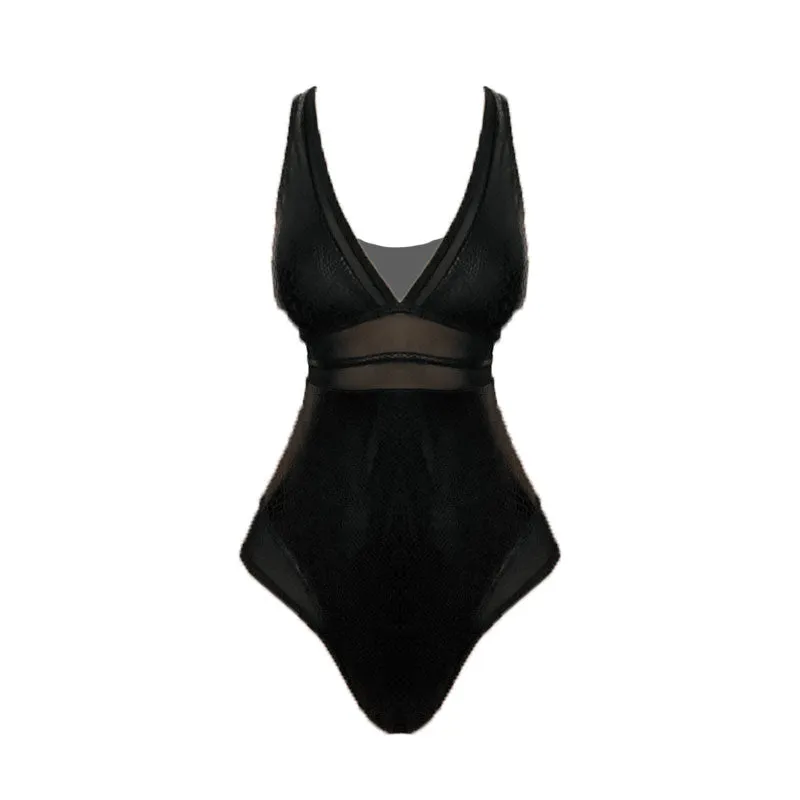 V neck mesh snake print mesh one piece swimwear