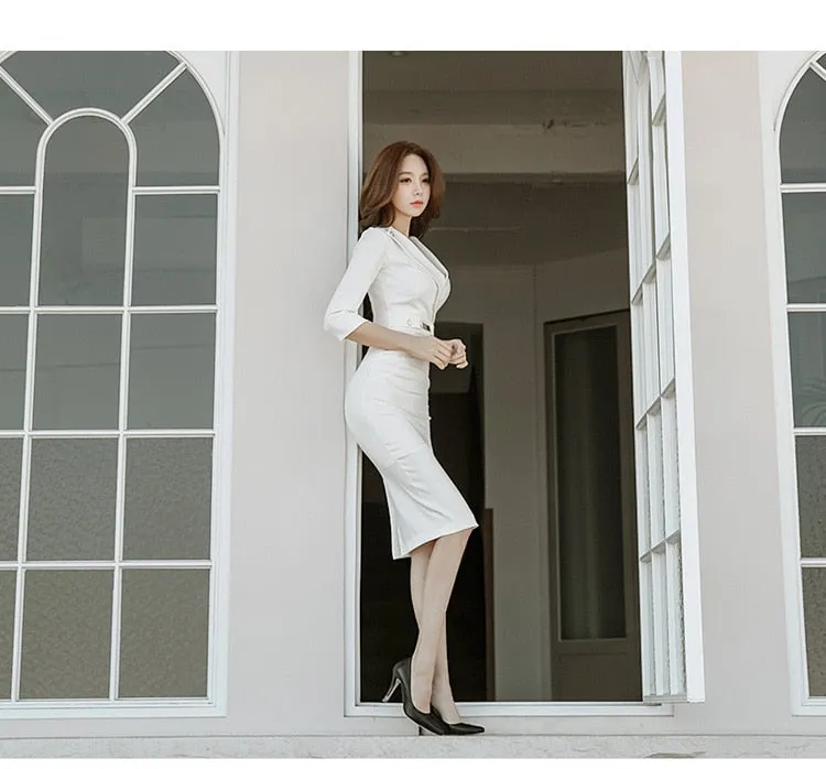 VenusFox Summer Women Bandage Midi Pencil Dress Work With V-neck 3/4 Sleeve