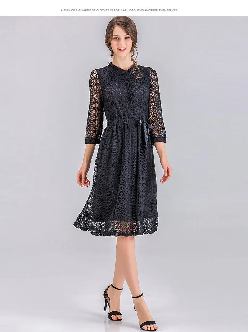 VenusFox Women Vintage Elegant Sweet Lace Solid Lace Dress