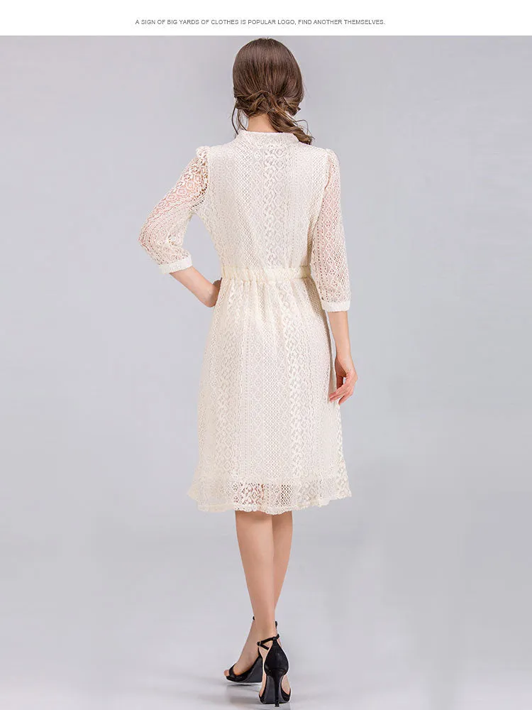 VenusFox Women Vintage Elegant Sweet Lace Solid Lace Dress