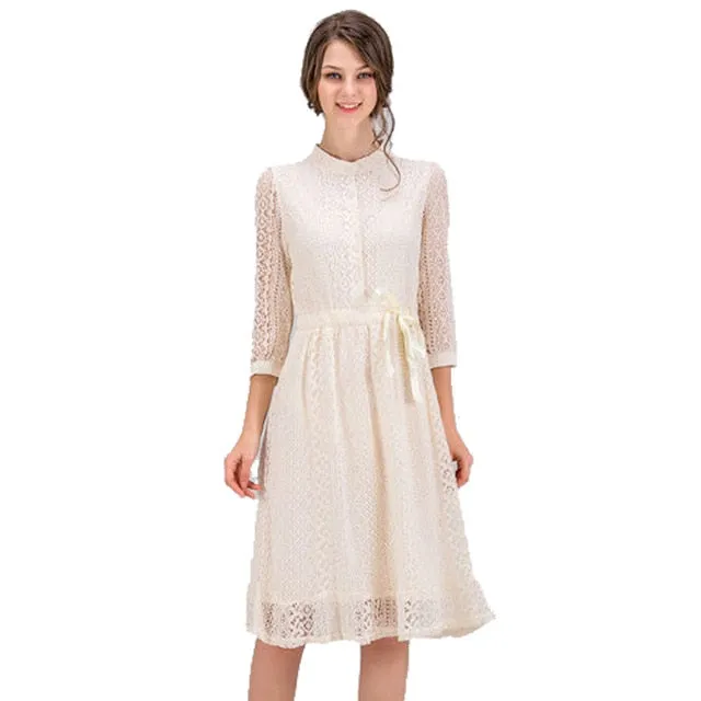 VenusFox Women Vintage Elegant Sweet Lace Solid Lace Dress