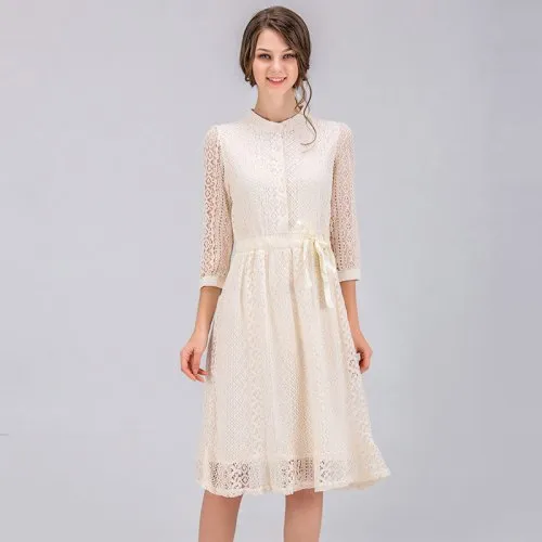 VenusFox Women Vintage Elegant Sweet Lace Solid Lace Dress