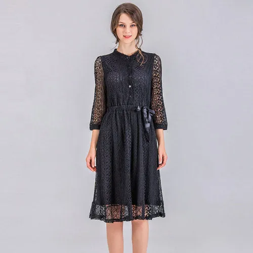 VenusFox Women Vintage Elegant Sweet Lace Solid Lace Dress