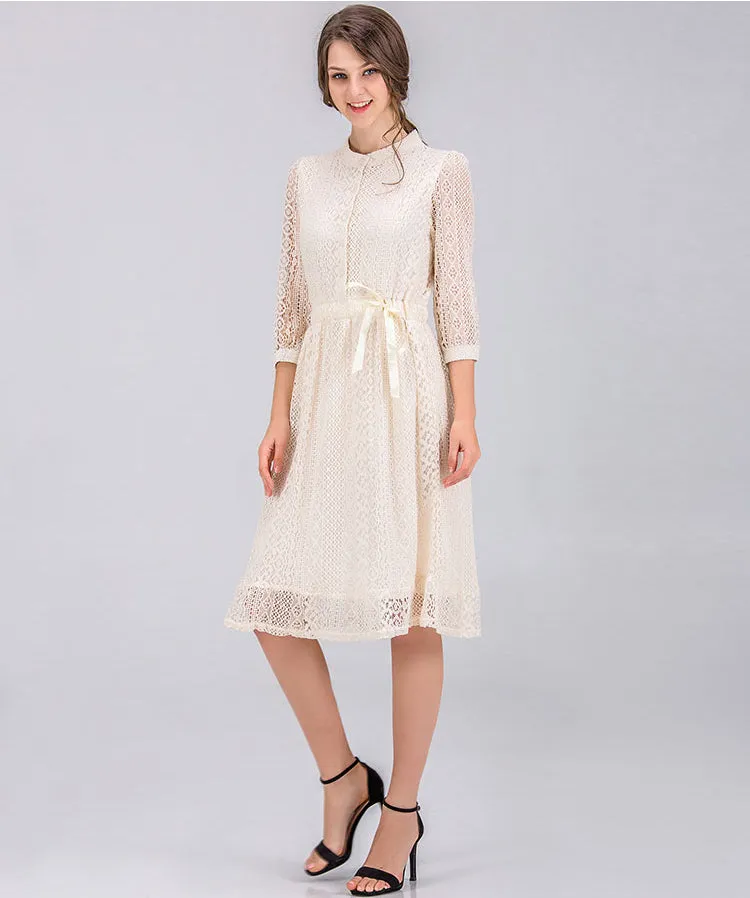 VenusFox Women Vintage Elegant Sweet Lace Solid Lace Dress