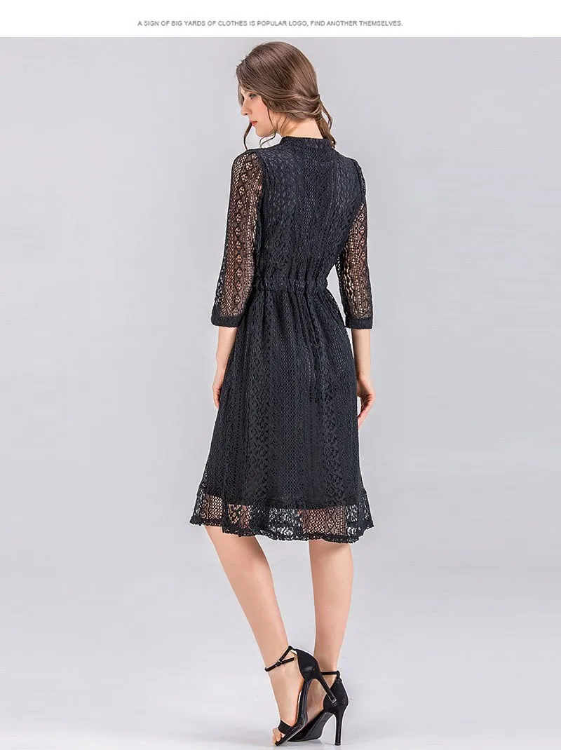 VenusFox Women Vintage Elegant Sweet Lace Solid Lace Dress