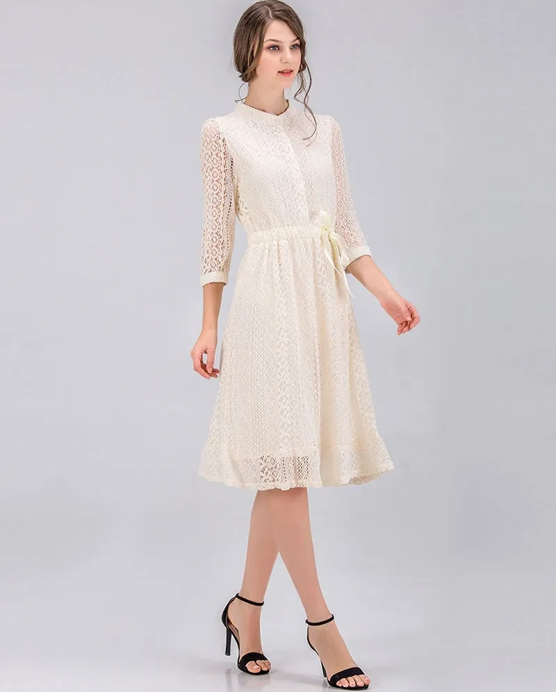 VenusFox Women Vintage Elegant Sweet Lace Solid Lace Dress