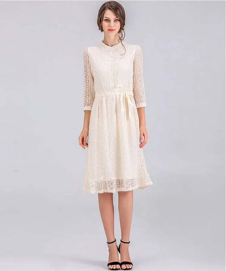 VenusFox Women Vintage Elegant Sweet Lace Solid Lace Dress