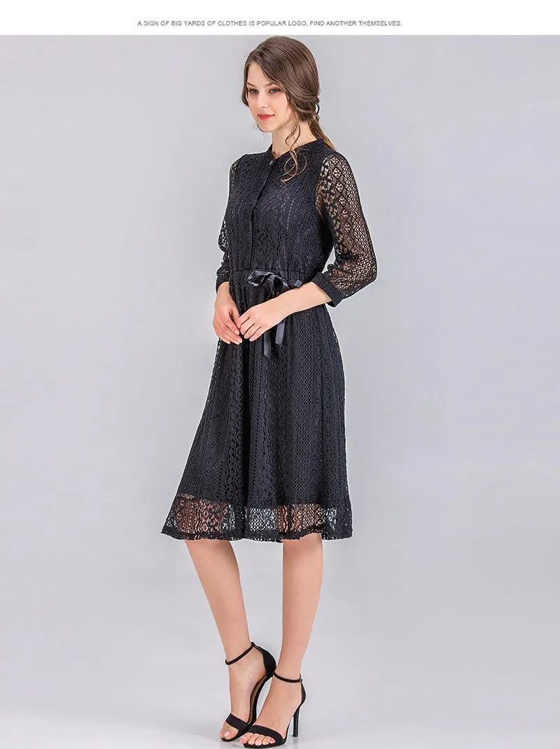 VenusFox Women Vintage Elegant Sweet Lace Solid Lace Dress