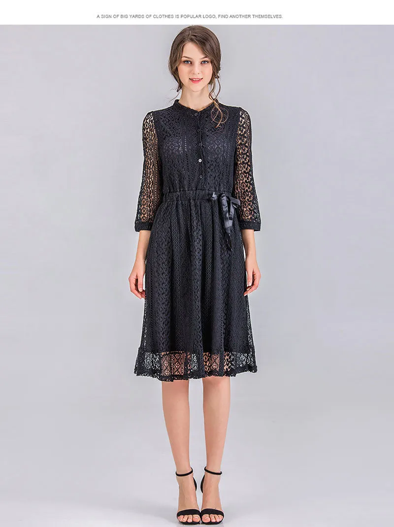 VenusFox Women Vintage Elegant Sweet Lace Solid Lace Dress