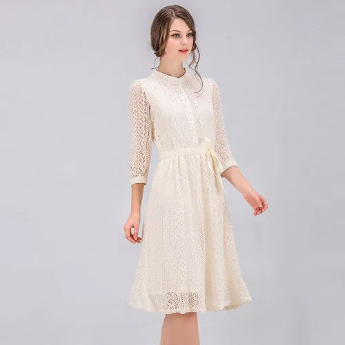 VenusFox Women Vintage Elegant Sweet Lace Solid Lace Dress