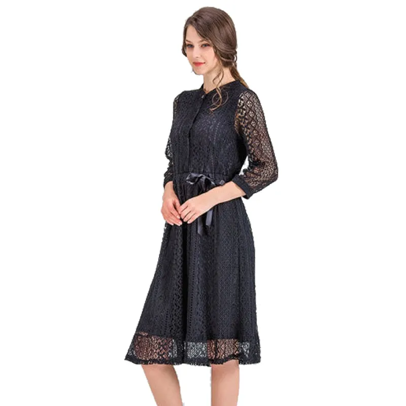 VenusFox Women Vintage Elegant Sweet Lace Solid Lace Dress