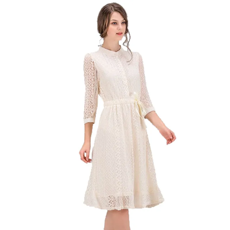 VenusFox Women Vintage Elegant Sweet Lace Solid Lace Dress