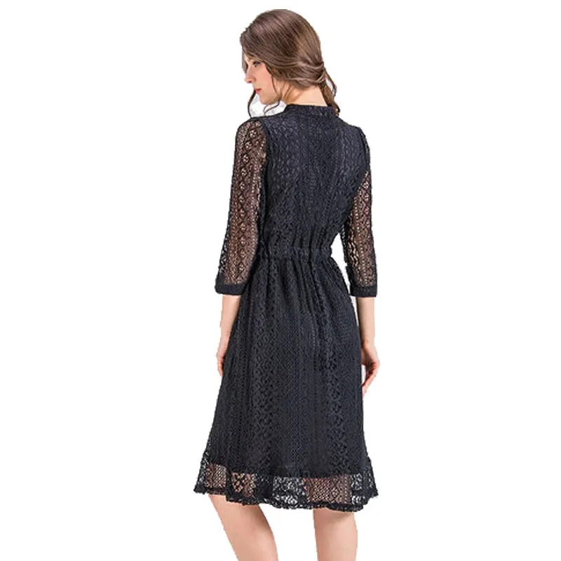 VenusFox Women Vintage Elegant Sweet Lace Solid Lace Dress