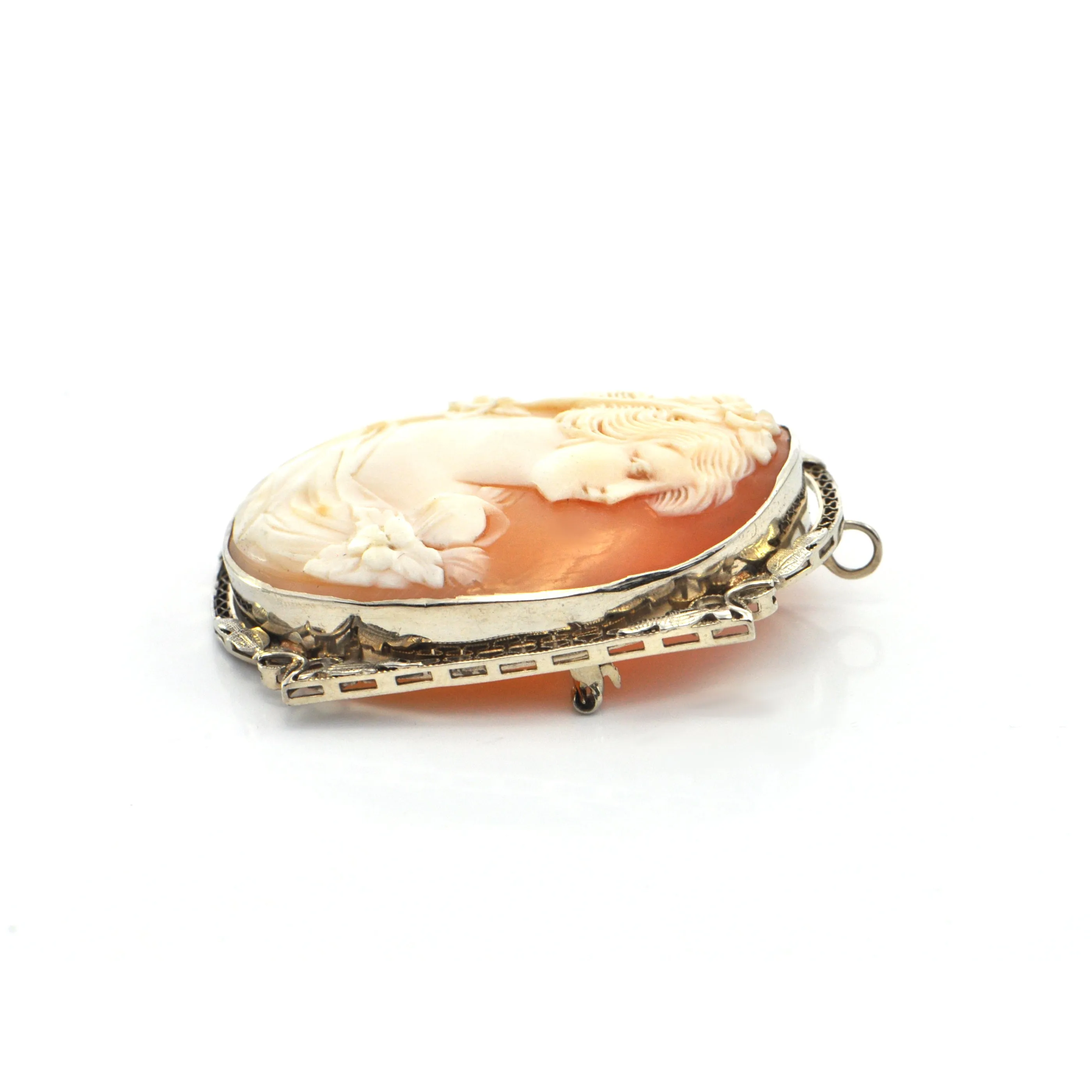 Vintage 14K White Gold Shell Cameo Brooch/Pendant of Woman
