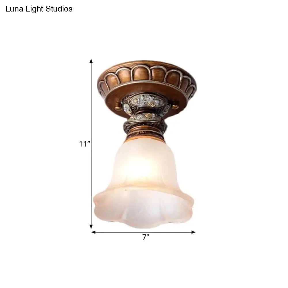 Vintage Floral Flush Ceiling Light with White Opaline Glass and Carving Pattern