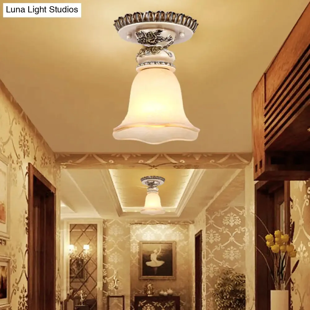 Vintage Floral Flush Ceiling Light with White Opaline Glass and Carving Pattern
