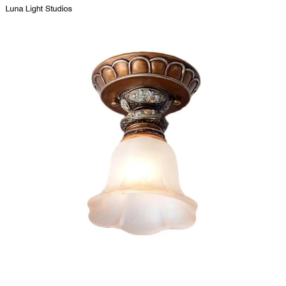 Vintage Floral Flush Ceiling Light with White Opaline Glass and Carving Pattern