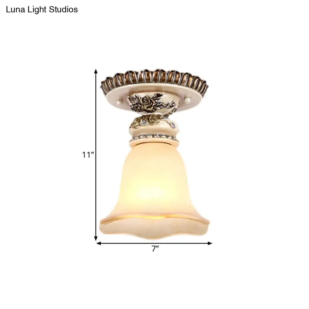 Vintage Floral Flush Ceiling Light with White Opaline Glass and Carving Pattern