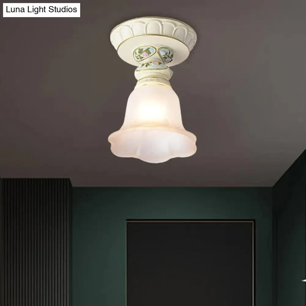 Vintage Floral Flush Ceiling Light with White Opaline Glass and Carving Pattern