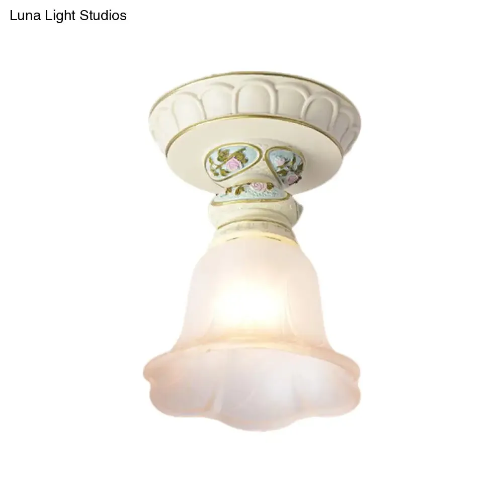 Vintage Floral Flush Ceiling Light with White Opaline Glass and Carving Pattern