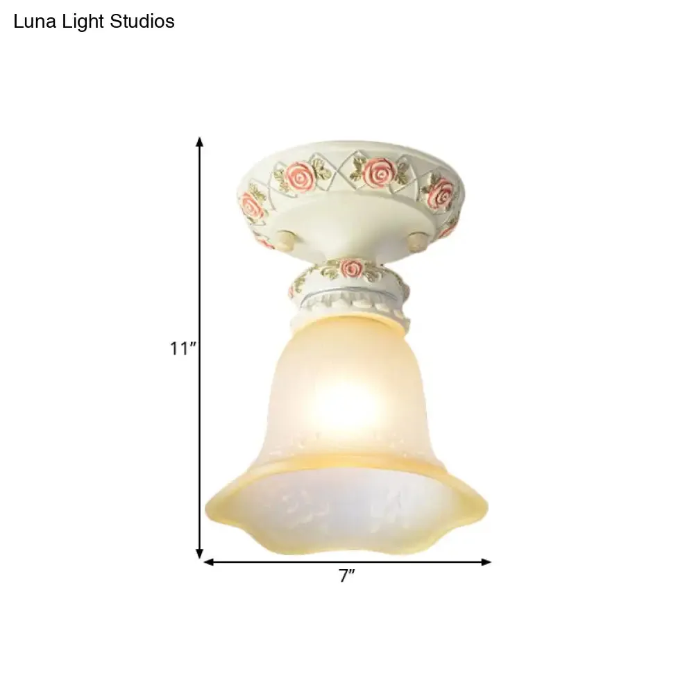 Vintage Floral Flush Ceiling Light with White Opaline Glass and Carving Pattern