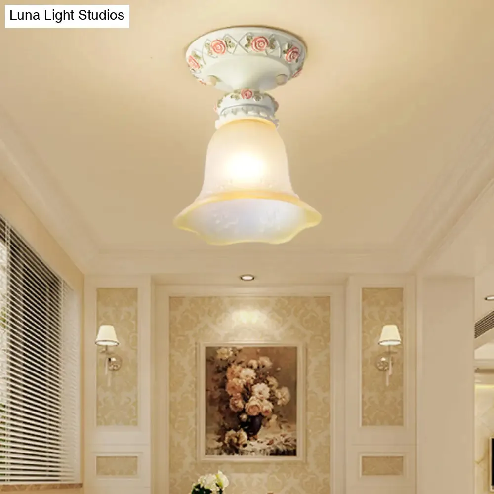 Vintage Floral Flush Ceiling Light with White Opaline Glass and Carving Pattern