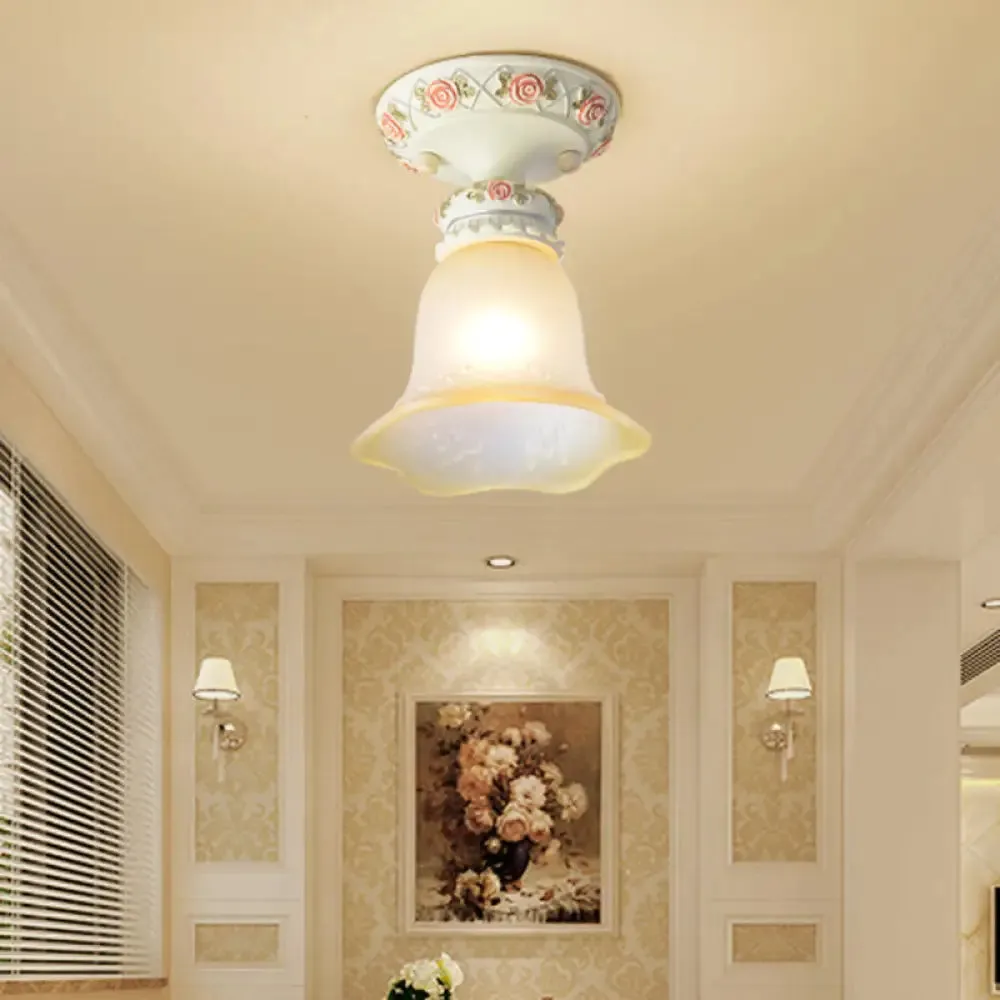 Vintage Floral Flush Ceiling Light with White Opaline Glass and Carving Pattern