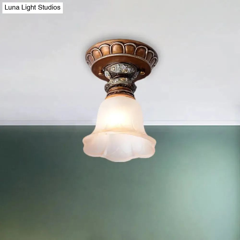 Vintage Floral Flush Ceiling Light with White Opaline Glass and Carving Pattern