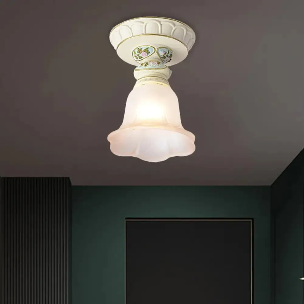 Vintage Floral Flush Ceiling Light with White Opaline Glass and Carving Pattern