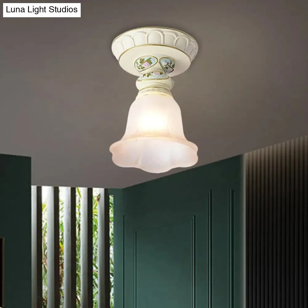 Vintage Floral Flush Ceiling Light with White Opaline Glass and Carving Pattern