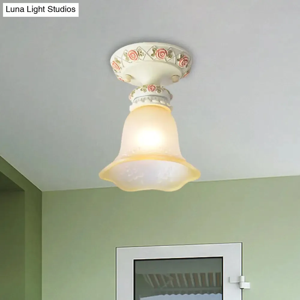 Vintage Floral Flush Ceiling Light with White Opaline Glass and Carving Pattern