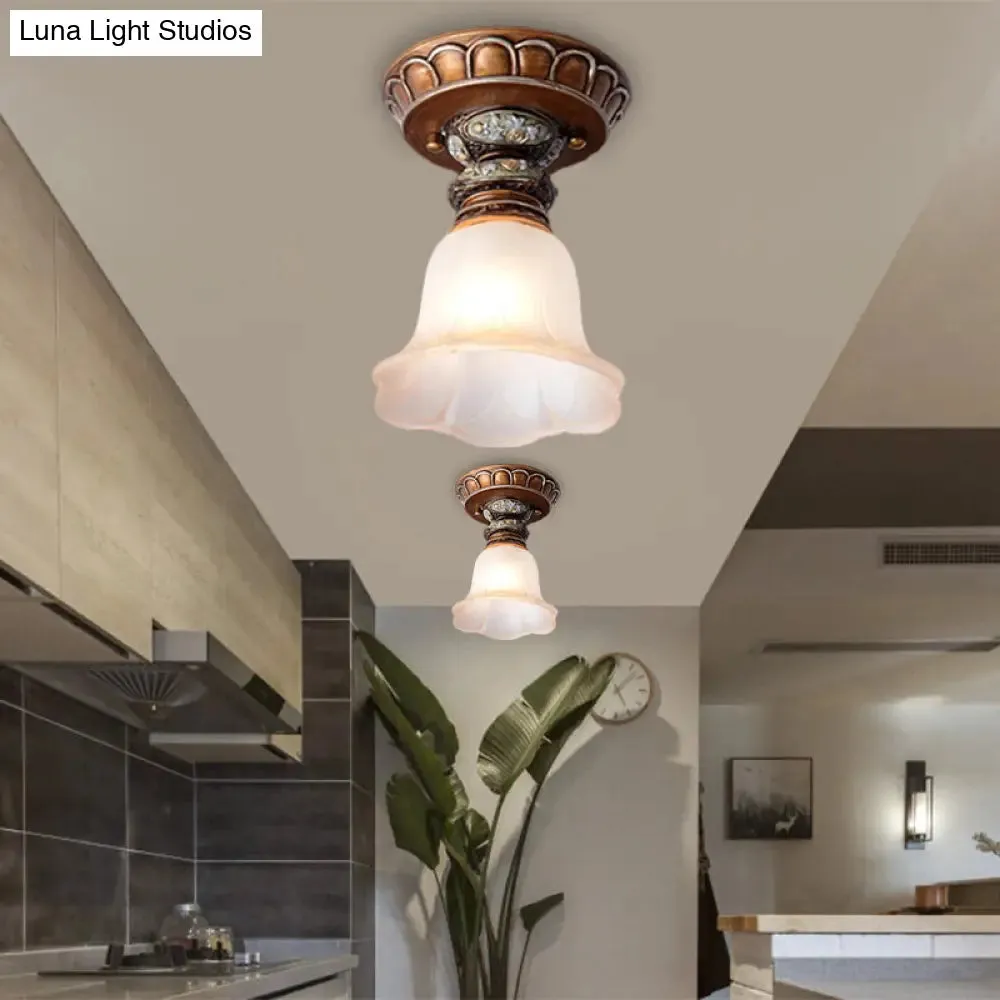 Vintage Floral Flush Ceiling Light with White Opaline Glass and Carving Pattern