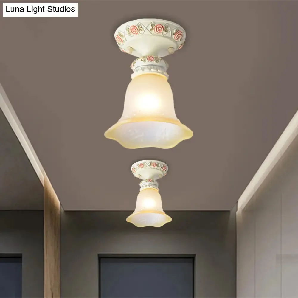 Vintage Floral Flush Ceiling Light with White Opaline Glass and Carving Pattern