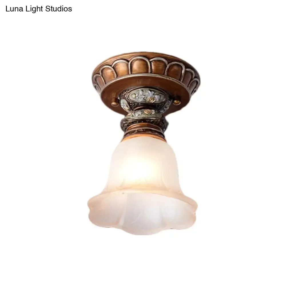Vintage Floral Flush Ceiling Light with White Opaline Glass and Carving Pattern