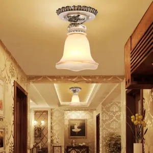 Vintage Floral Flush Ceiling Light with White Opaline Glass and Carving Pattern