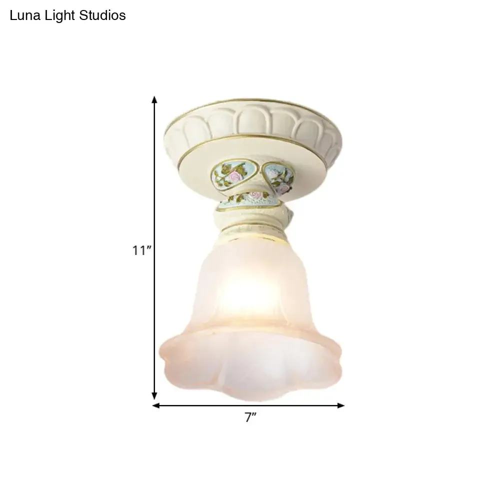 Vintage Floral Flush Ceiling Light with White Opaline Glass and Carving Pattern
