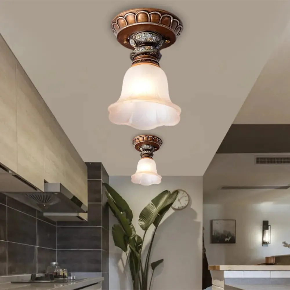 Vintage Floral Flush Ceiling Light with White Opaline Glass and Carving Pattern