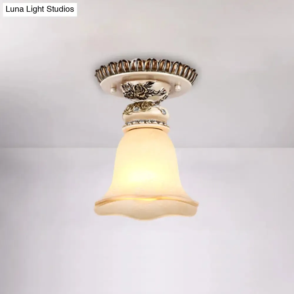 Vintage Floral Flush Ceiling Light with White Opaline Glass and Carving Pattern