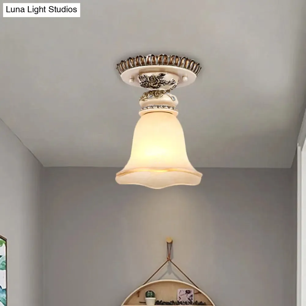 Vintage Floral Flush Ceiling Light with White Opaline Glass and Carving Pattern