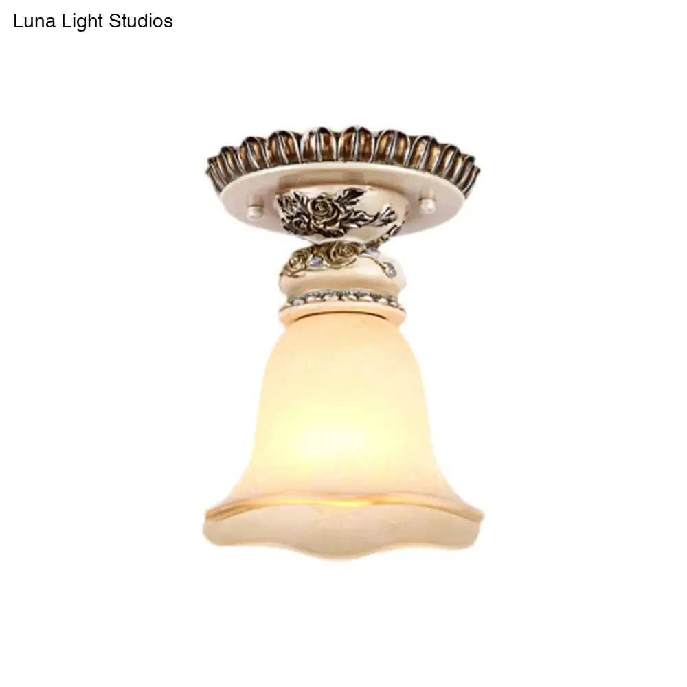 Vintage Floral Flush Ceiling Light with White Opaline Glass and Carving Pattern
